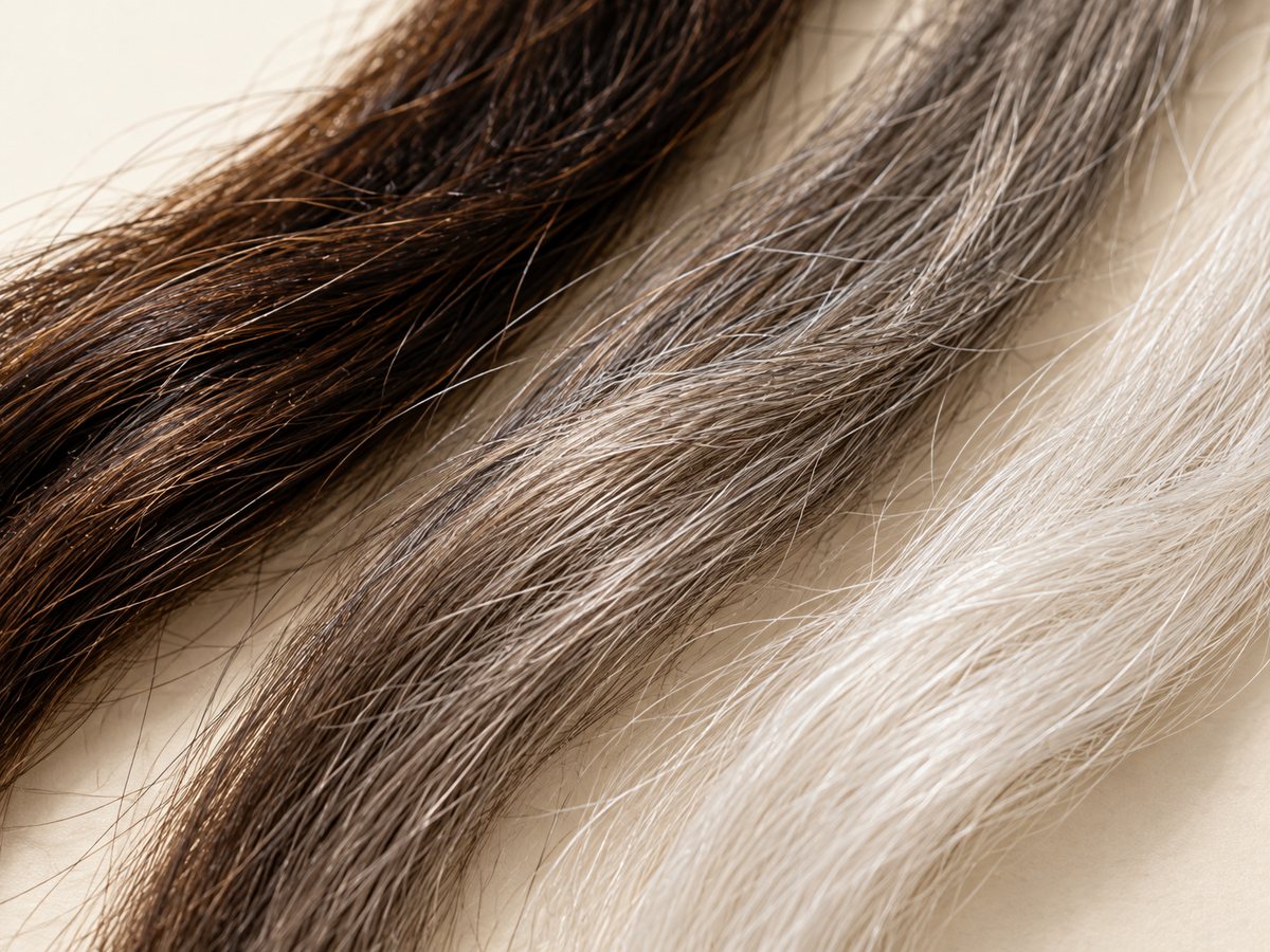 Illustration : mèches de cheveux passant du châtain au blanc