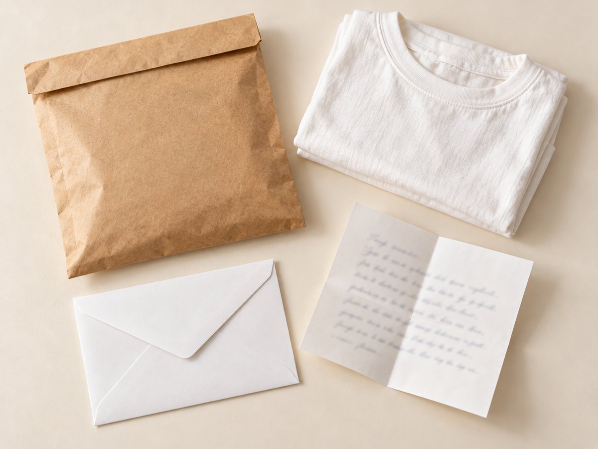Illustration : sachet kraft, tissu plié, enveloppe et lettre pour l'envoi