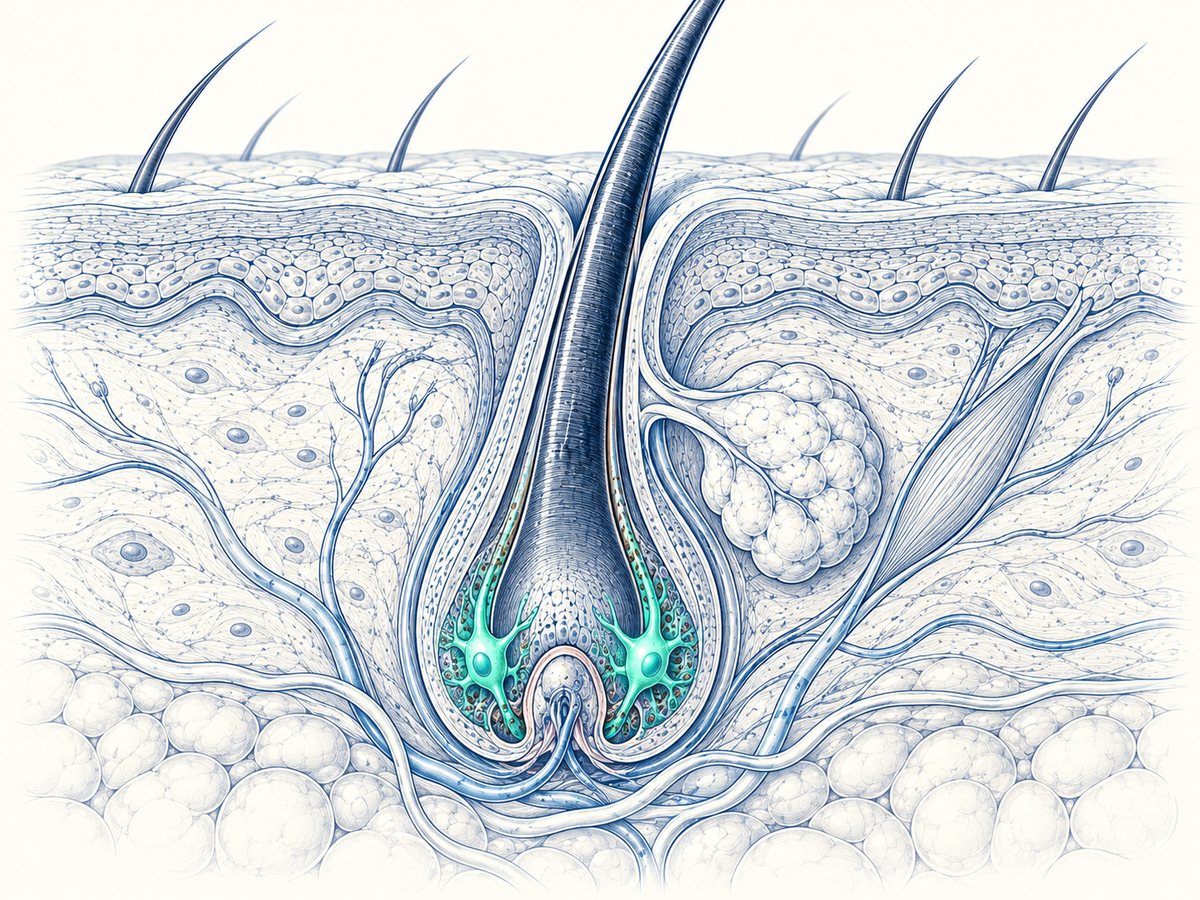 Illustration : coupe d'un follicule pileux et de ses mélanocytes