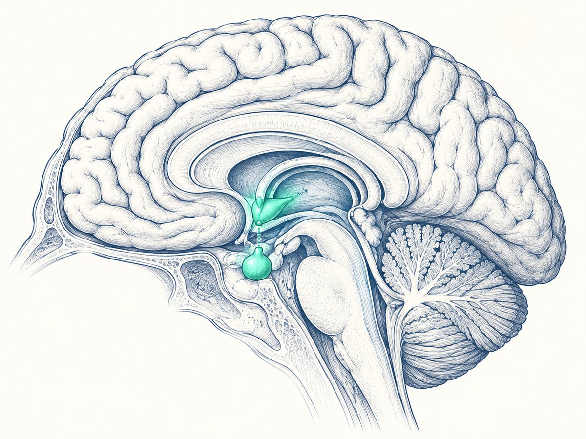 Illustration : coupe du cerveau, hypothalamus et hypophyse mis en évidence