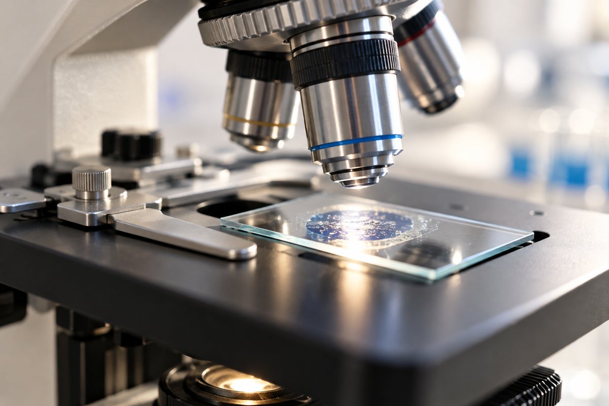 Lame de verre sous l'objectif d'un microscope