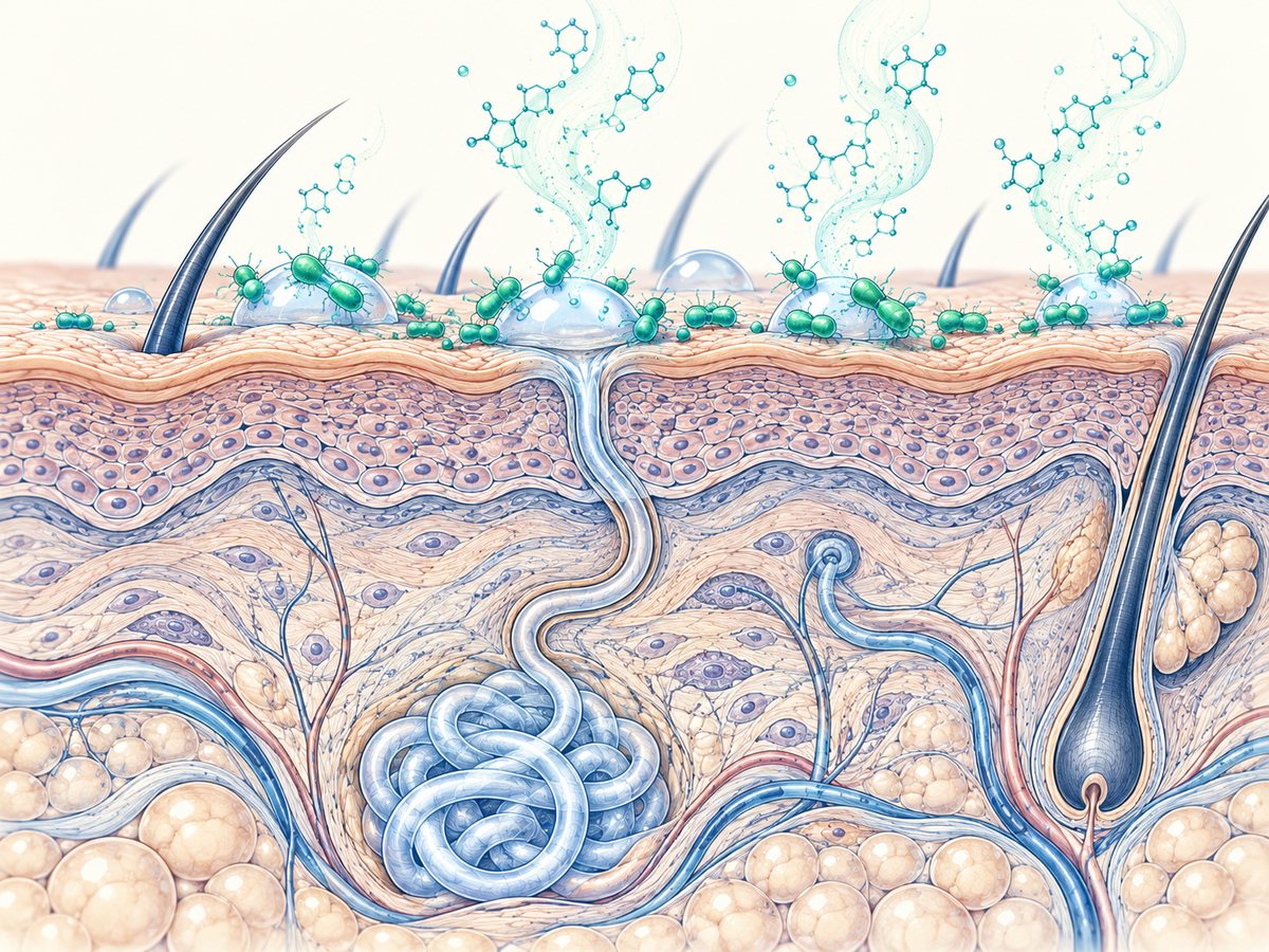 Illustration : coupe de peau, glande sudoripare et bactéries de surface