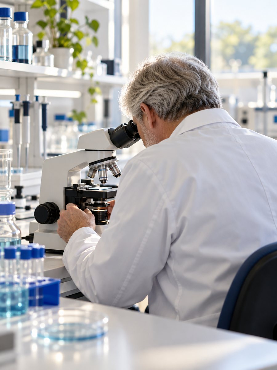 Scientifique observant un échantillon au microscope
